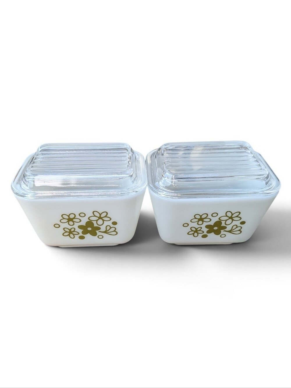 Vintage Pyrex 501 Spring Blossom Green Crazy Daisy Refrigerator Dishes with Lids